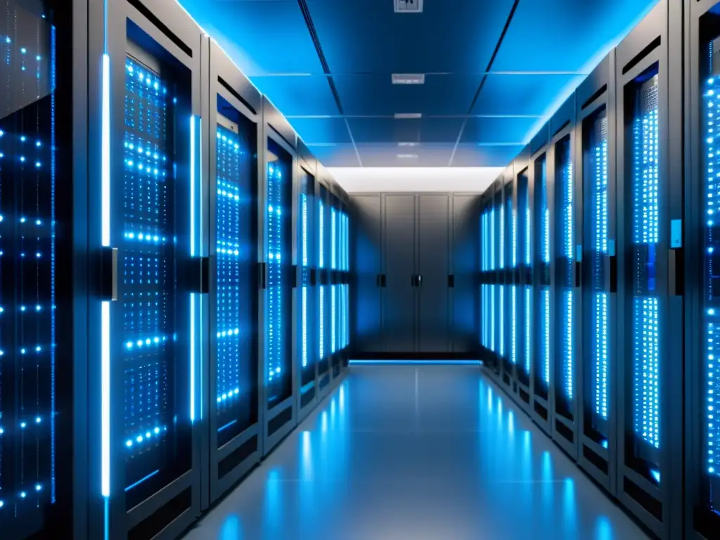 Centro de datos moderno: Tecnología de vanguardia para web hosting Un centro de datos moderno y eficiente iluminado en azul, reflejando la calidad del mejor alojamiento web económico