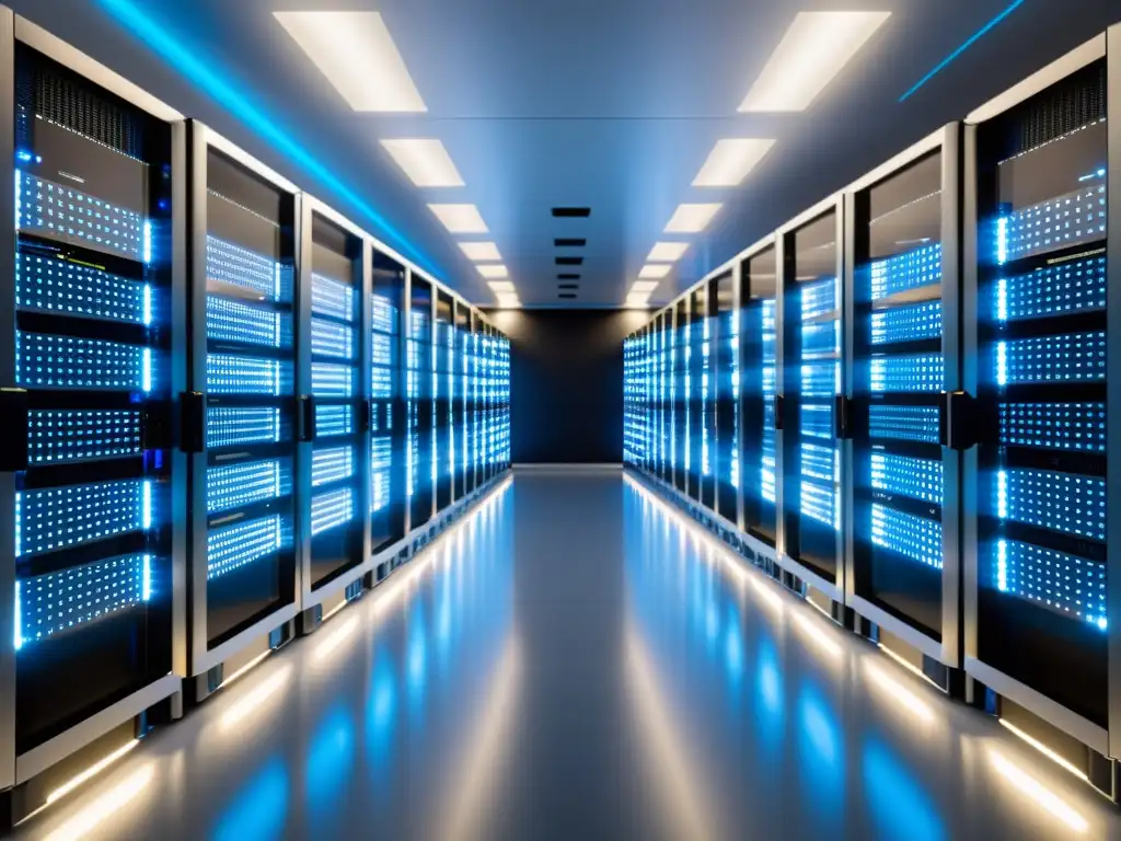 Centro de datos de alta tecnología: servidores eficientes y modernos Un centro de datos moderno y eficiente con servidores ordenados en un ambiente luminoso