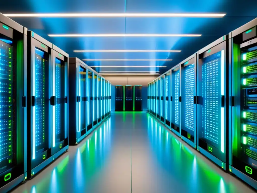 Centro de datos de alta tecnología: eficiencia y fiabilidad Un centro de datos moderno y eficiente, con servidores ordenados y luces suaves, ideal para el mejor alojamiento web económico calidad