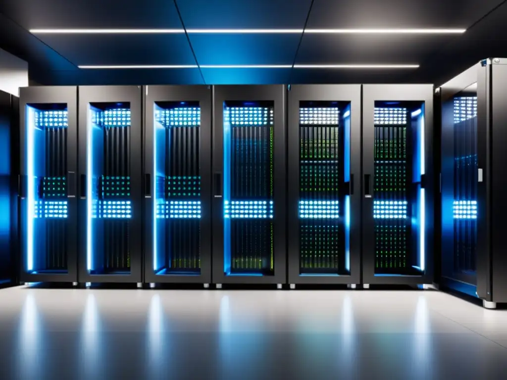 Centro de datos moderno y eficiente con servidores de última generación Un centro de datos moderno y eficiente con servidores organizados, iluminados por una luz futurista
