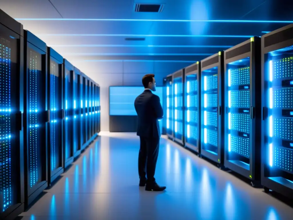 Centro de datos moderno: eficiencia y profesionalismo en acción Un centro de datos moderno y eficiente bañado en luz azul, reflejando la importancia del hosting para evitar downtime
