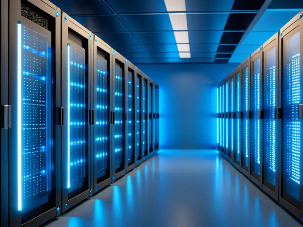 Centro de datos ultradetallado en 8k: Eficiencia y tecnología de vanguardia Un centro de datos moderno y eficiente con servidores ordenados y una iluminación azul, ideal para las ventajas del Cloud Hosting para Startups