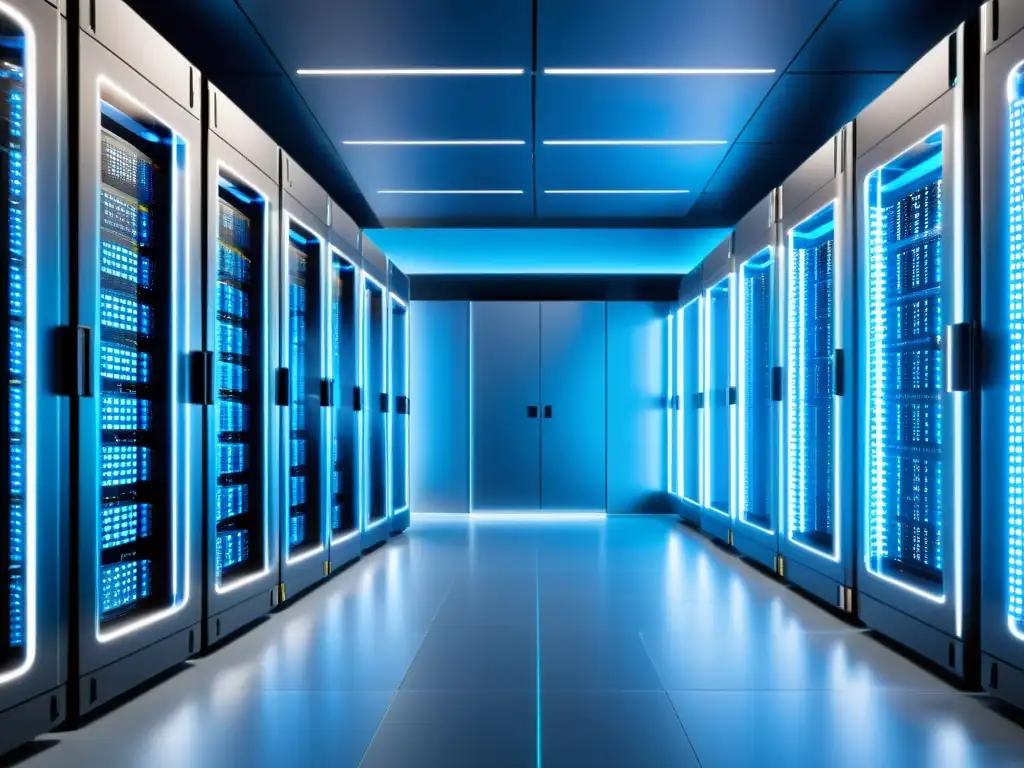 Centro de datos de vanguardia para PrestaShop Un centro de datos moderno y elegante con servidores potentes, iluminado por un suave resplandor azul