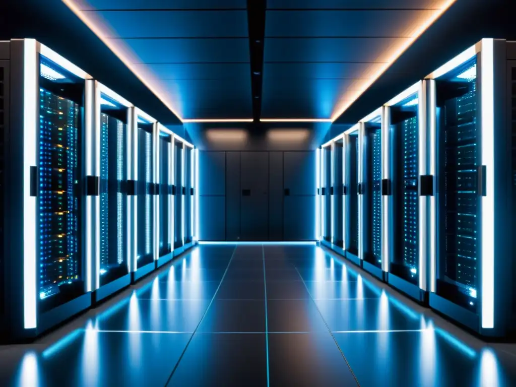 Centro de datos moderno y sofisticado para startups exitosas Un centro de datos moderno y elegante con servidores alineados, iluminados por una suave luz ambiental