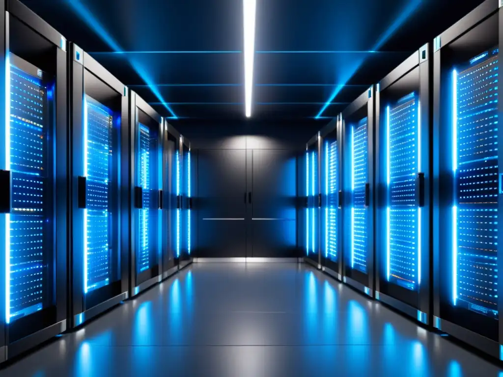 Centro de datos de alta tecnología con servidores brillantemente iluminados Un centro de datos moderno y elegante con servidores brillantemente iluminados en filas