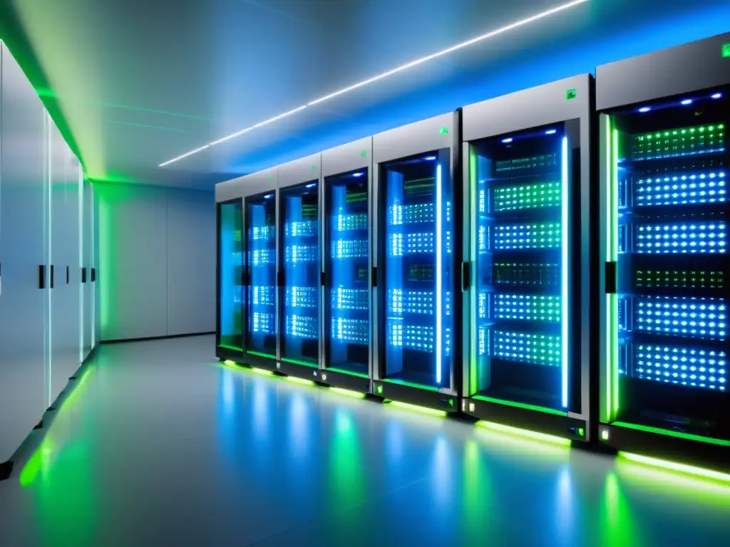Centro de datos ultramoderno: servidores brillantes en un ambiente profesional y futurista Un centro de datos moderno y elegante, con servidores organizados y luces LED azules y verdes