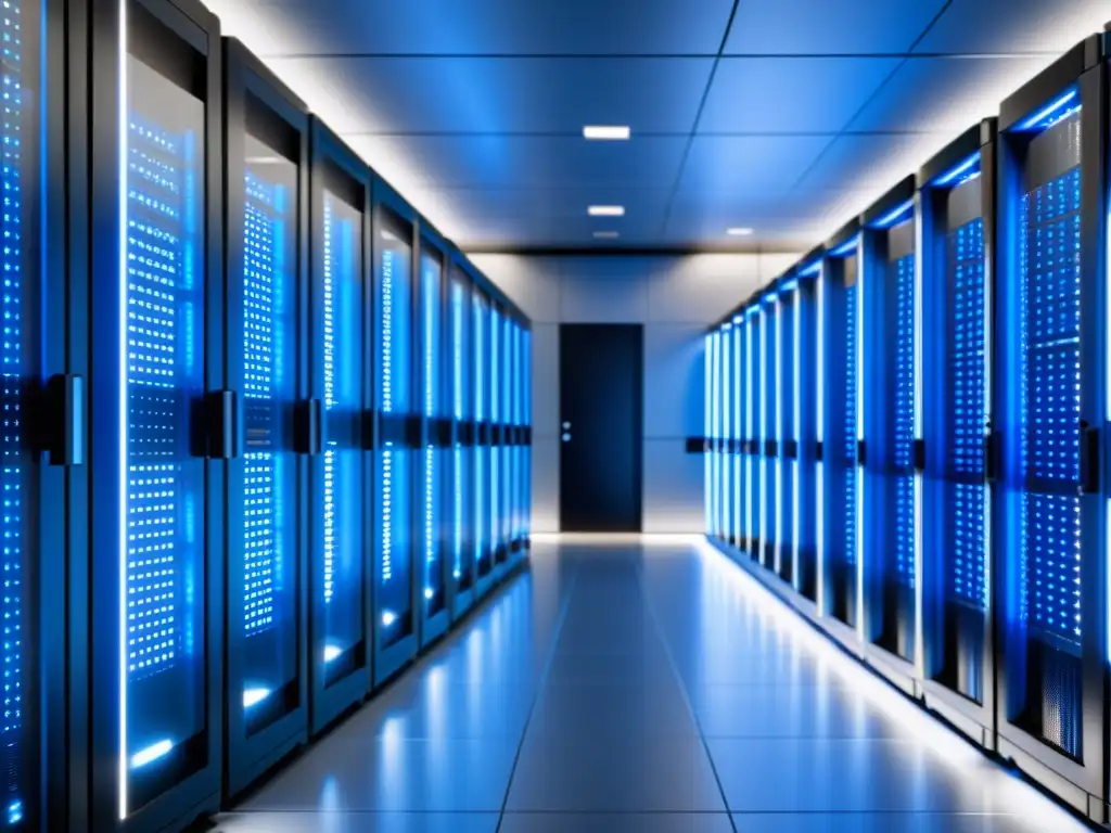Centro de datos moderno y eficiente: tecnología de vanguardia Un centro de datos moderno y elegante con filas de racks de servidores organizados, iluminado por luces LED azules y blancas