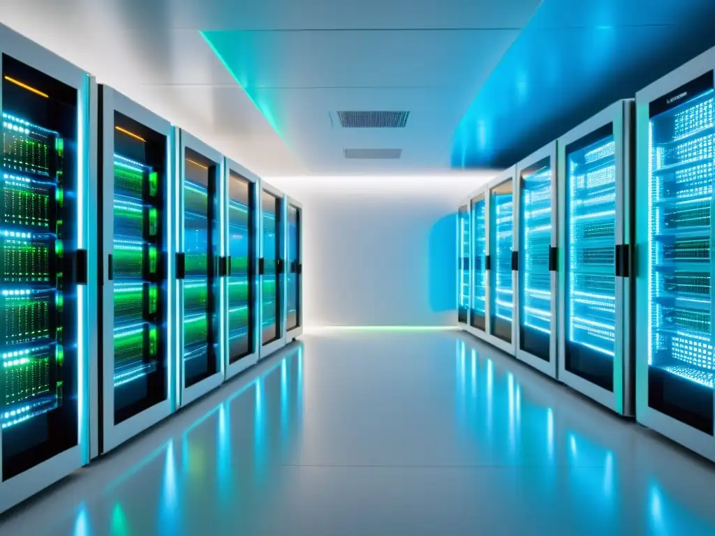 Sala de servidores futurista en blanco brillante con cables iluminados Un centro de datos moderno y elegante con servidores iluminados en una sala blanca futurista