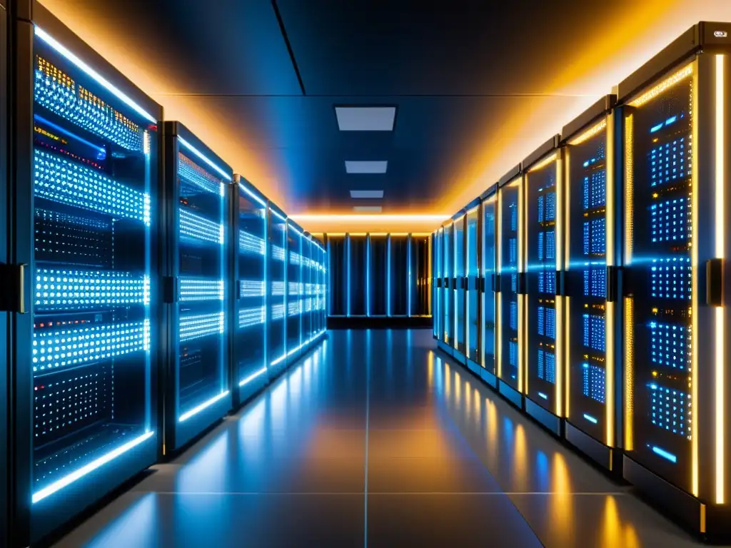 Centro de datos ultramoderno: 8k de detalle impresionante Un centro de datos moderno y elegante con tecnología de vanguardia, resalta la importancia de la latencia en el hosting