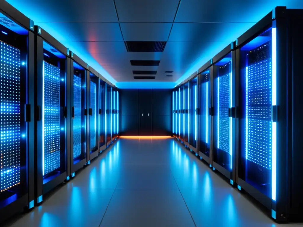 Centro de datos moderno: tecnología de vanguardia en acción Un centro de datos moderno y elegante con servidores brillando en LED azul, mostrando el posicionamiento estratégico del servicio hosting web