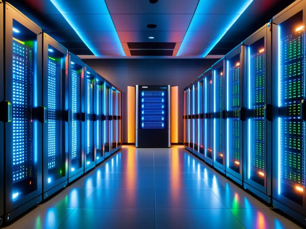 Centro de datos moderno: servidores relucientes y eficiencia tecnológica Un centro de datos moderno y elegante con servidores organizados y luces indicadoras futuristas, capturando la sofisticación tecnológica y el impacto del uptime hosting en el SEO
