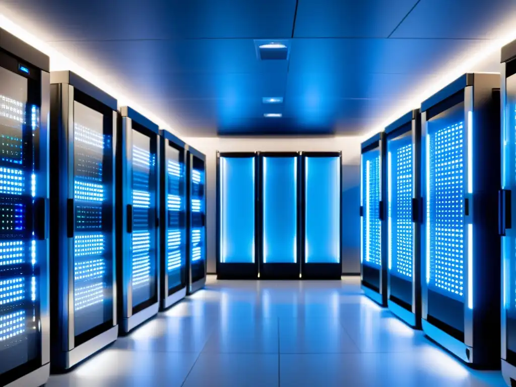 Centro de datos moderno y futurista con servidores iluminados Un centro de datos moderno y elegante con servidores ordenados y luces azules y blancas, transmite tecnología avanzada y confiabilidad