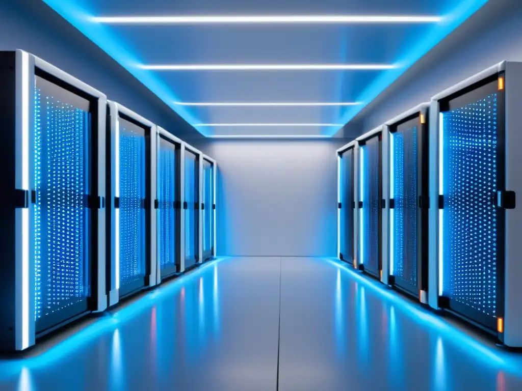 Centro de Datos Futurista con Servidores Iluminados Un centro de datos moderno y elegante con servidores iluminados en una habitación blanca