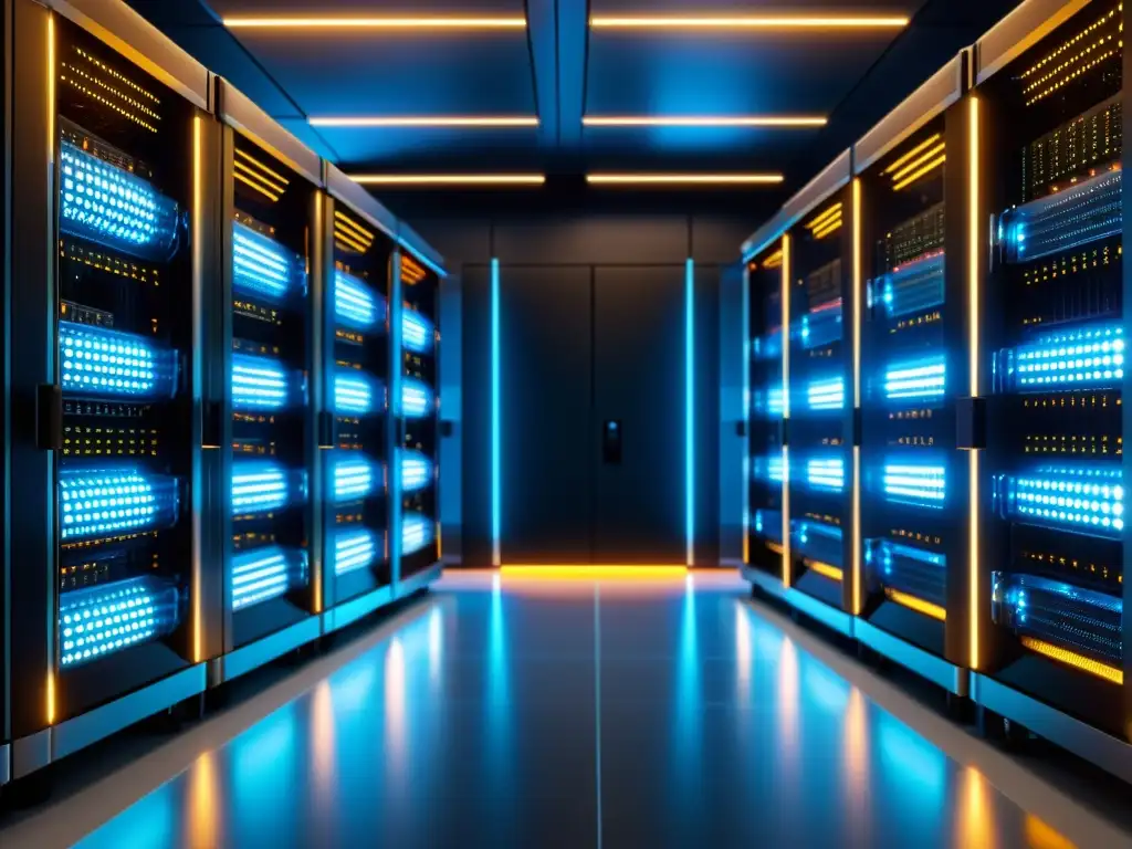 Centro de datos moderno y eficiente con servidores y cables de fibra óptica brillantes Un centro de datos moderno y elegante con servidores organizados y una red de fibra óptica brillante
