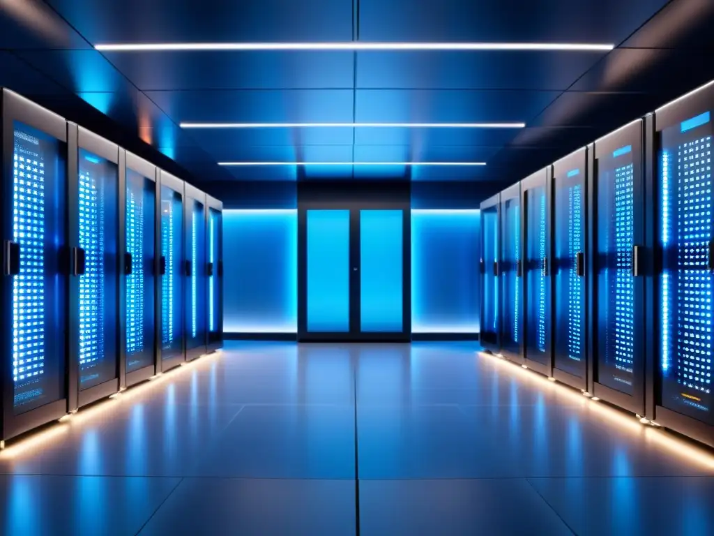 Centro de datos ultramoderno: tecnología vanguardista en azul Un centro de datos moderno y elegante con servidores ordenados y sistemas de enfriamiento avanzados, bañado en una luz azul fresca