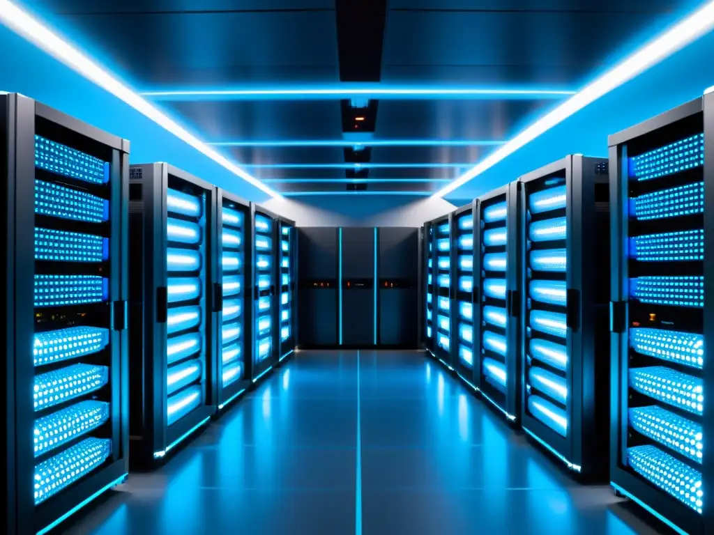 Centro de datos moderno: tecnología de vanguardia en azul suave Un centro de datos moderno y elegante, con servidores ordenados y una estética futurista