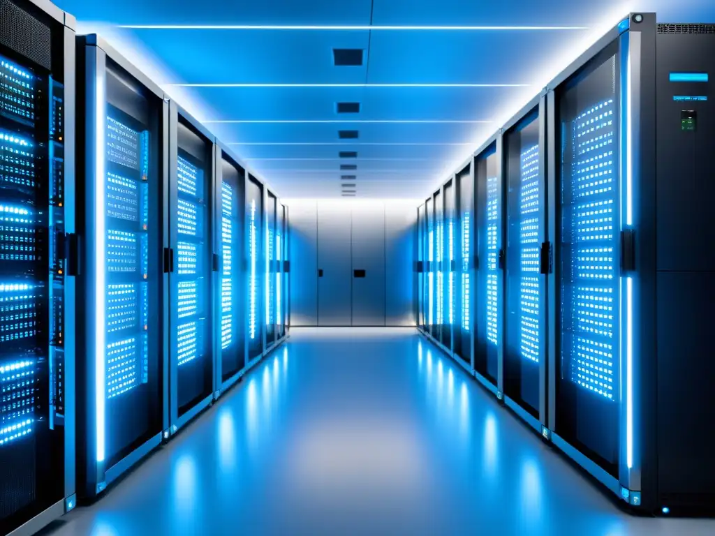 Centro de datos futurista: servidores y tecnología de vanguardia Un centro de datos moderno y elegante con servidores en fila, iluminado por una luz azul suave