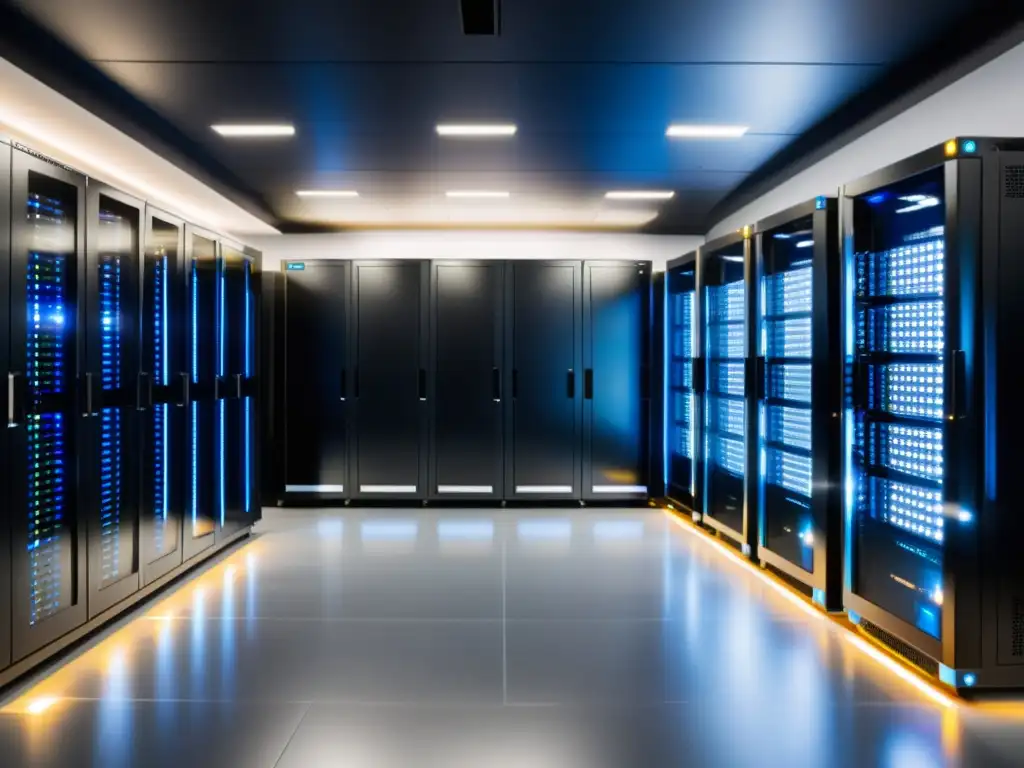 Centro de datos moderno: eficiencia y tecnología de vanguardia Un centro de datos moderno y elegante con servidores ordenados bañados en una suave luz fría