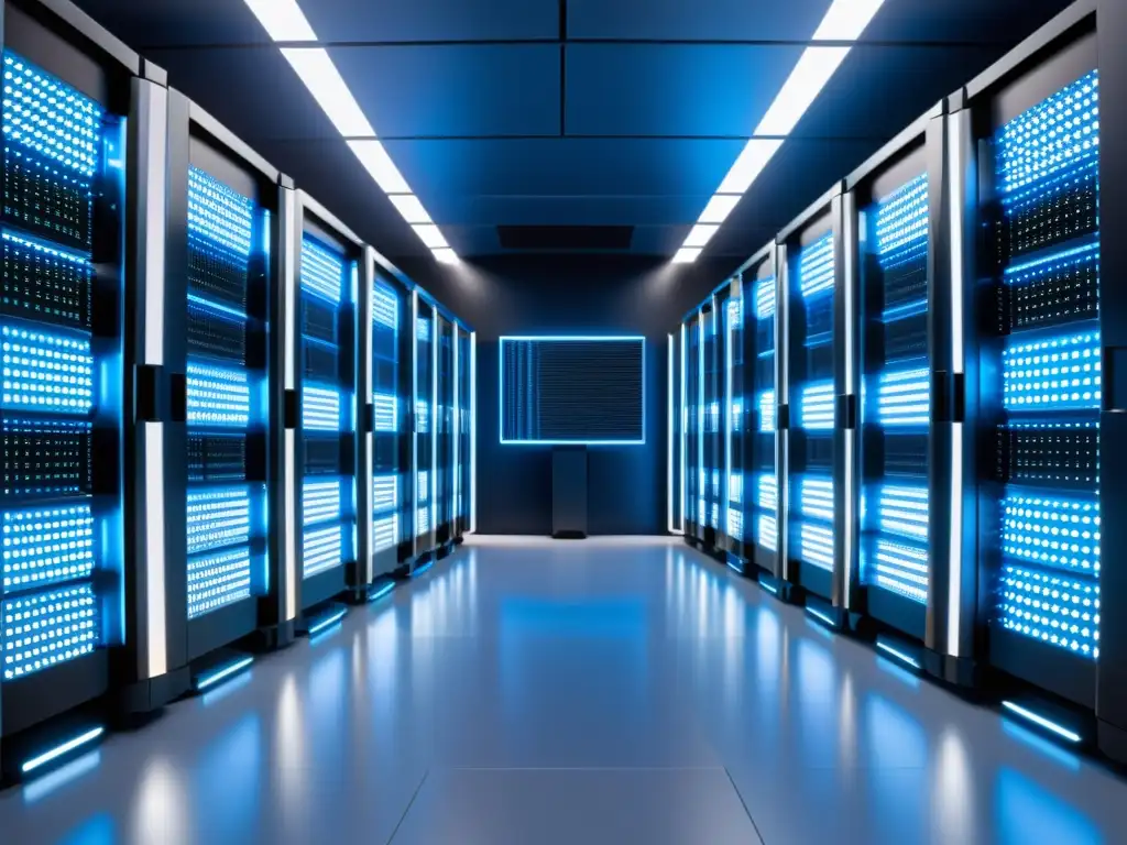 Centro de datos ultramoderno: tecnología punta en 8k Un centro de datos moderno y elegante con servidores y equipos de red de última generación, iluminado por luces LED azules y blancas