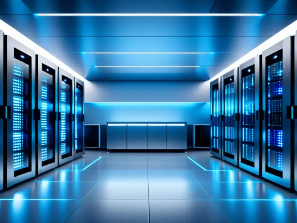 Centro de datos futurista: servidores modernos en una sala bien iluminada Un centro de datos moderno y elegante con servidores ordenados en una sala futurista bien iluminada