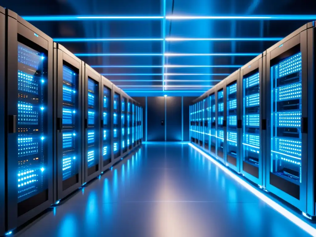 Centro de datos ultramoderno: Red de servidores en 8K Un centro de datos moderno y elegante con servidores ordenados en filas, bañados en luz azul
