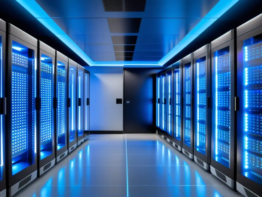 Centro de datos ultramoderno con servidores relucientes Un centro de datos moderno y elegante con servidores organizados y relucientes bajo luces LED azules y blancas