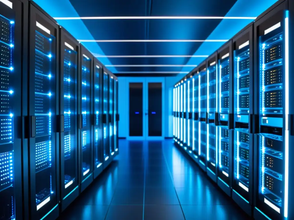 Centro de datos futurista: servidores ordenados con elegancia en azul Un centro de datos moderno y elegante con servidores organizados, conectados por cables en un patrón fascinante