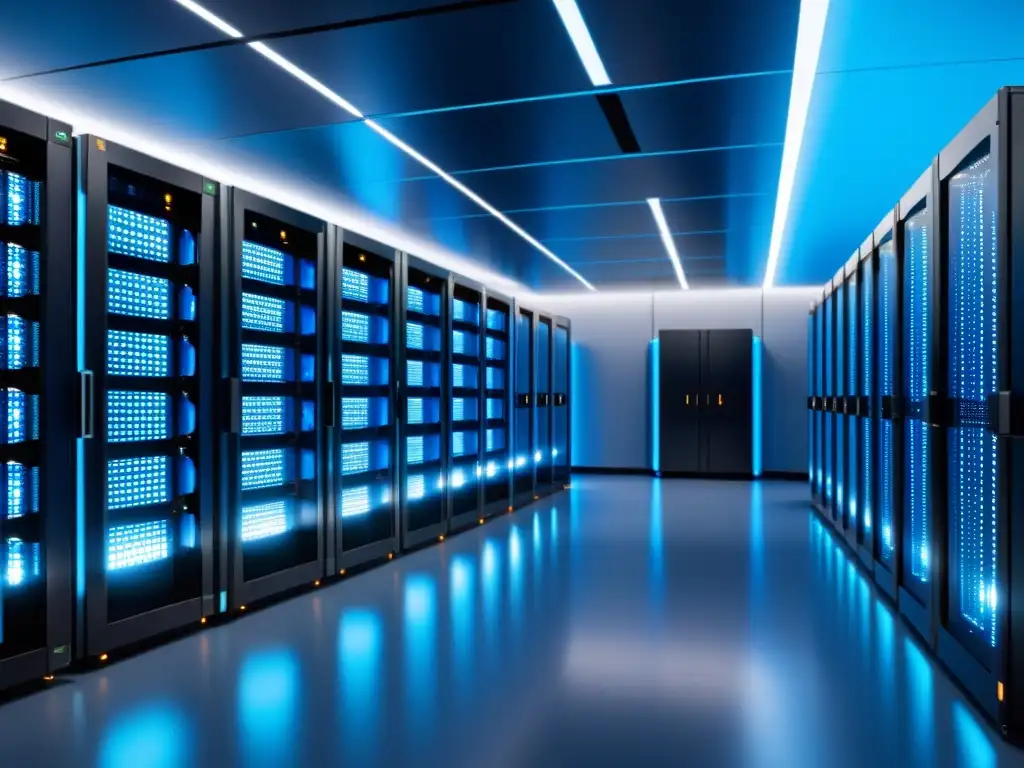 Centro de datos futurista: tecnología avanzada y diseño moderno en azul suave Un centro de datos moderno y elegante con servidores y equipamiento de red, bañado en una suave luz azul