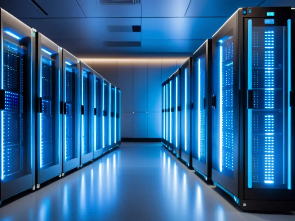 Centro de datos de alta tecnología: potencia y confiabilidad Un centro de datos moderno y elegante con servidores organizados, iluminado por luces LED azules
