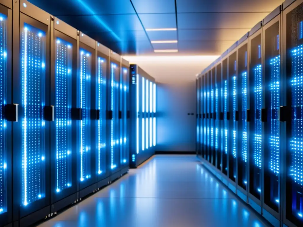 Centro de datos ultramoderno: potencia y fiabilidad en 8k Un centro de datos moderno y elegante con servidores en filas ordenadas, bañado en luz azul, simbolizando hosting de calidad para SEO