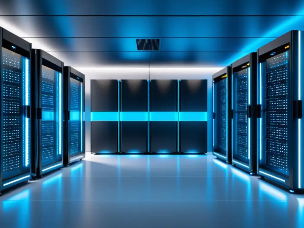 Centro de datos moderno en 8k: elegancia tecnológica Un centro de datos moderno y elegante con servidores en filas alineadas, iluminado por luces LED azules y blancas