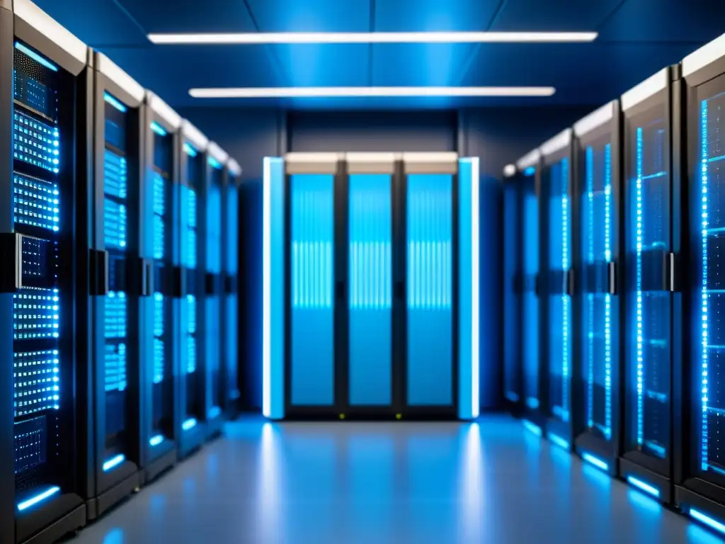 Centro de datos futurista: hosting Joomla de vanguardia Un centro de datos moderno y elegante con servidores ordenados bañados en luz azul futurista