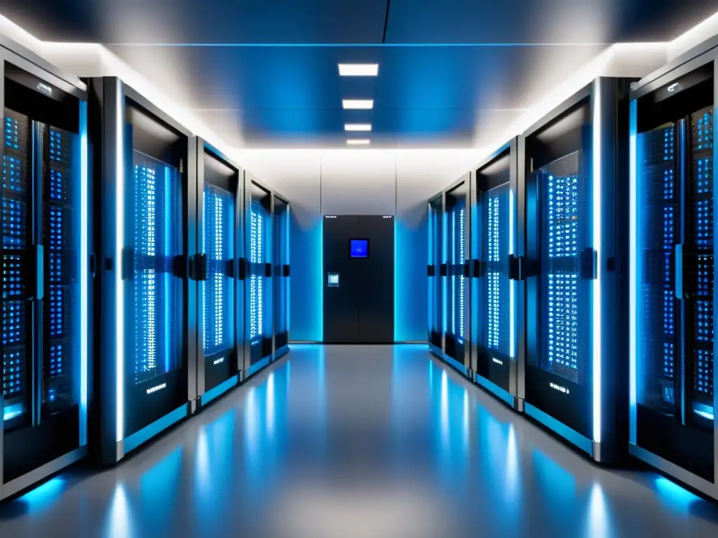 Centro de datos moderno: potencia y eficiencia en WordPress Un centro de datos moderno y elegante con servidores organizados y sistemas de enfriamiento avanzados