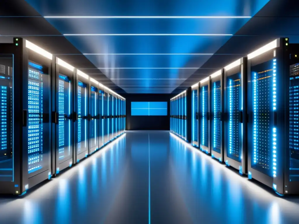 Centro de datos moderno con servidores ordenados y eficientes Un centro de datos moderno y elegante con servidores organizados, iluminados con un suave resplandor azul