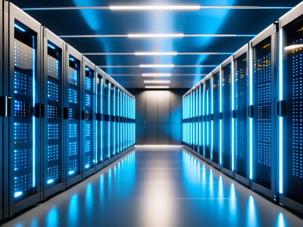 Centro de datos moderno: seguridad y fiabilidad Un centro de datos moderno y futurista con servidores ordenados