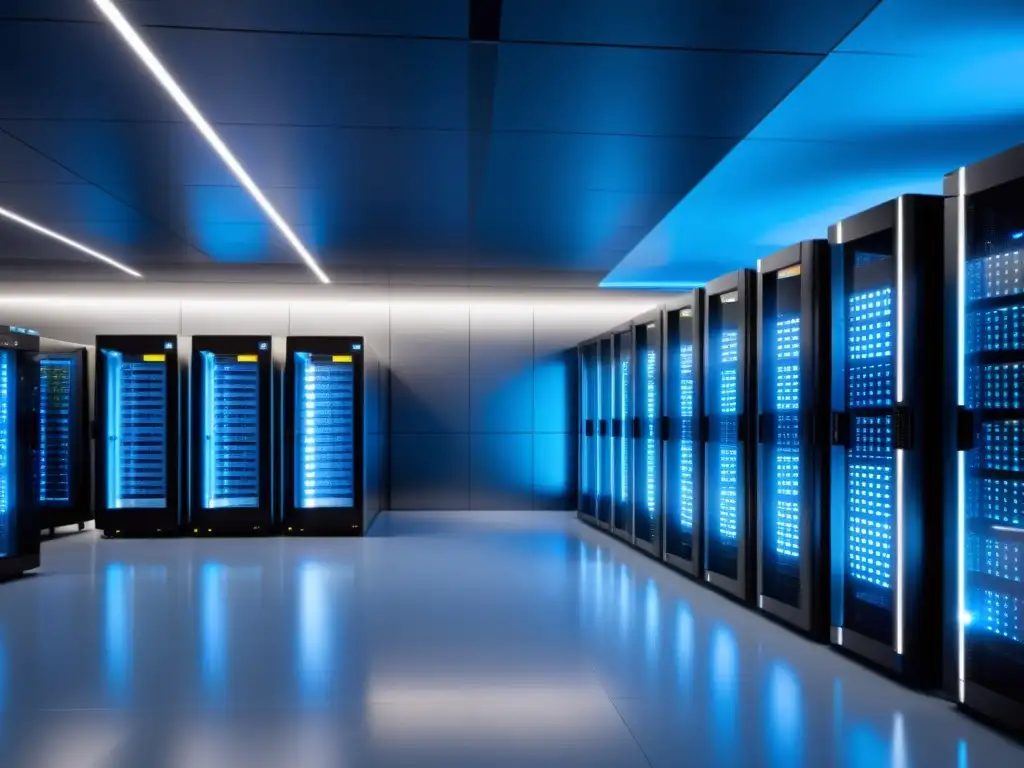 Centro de datos moderno y sofisticado con servidores organizados Un centro de datos moderno y futurista con servidores organizados en fila, iluminados por una suave luz azul