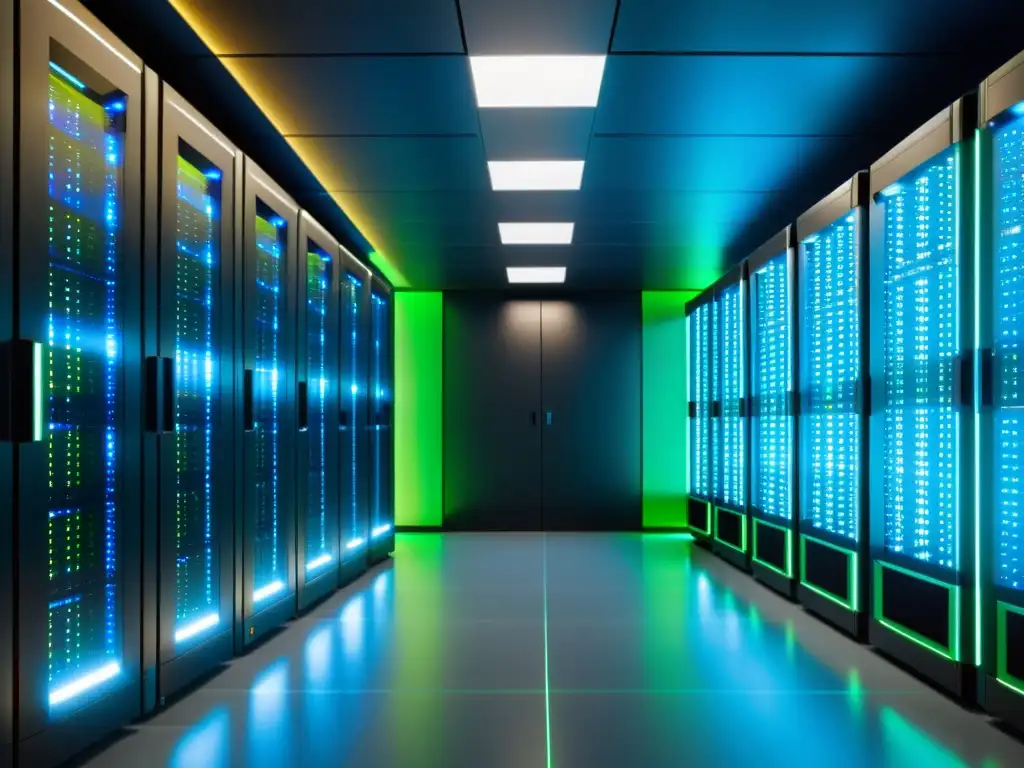 Centro de datos futurista: Servidores brillantes para startups Un centro de datos moderno y futurista con servidores ordenados y luces parpadeantes
