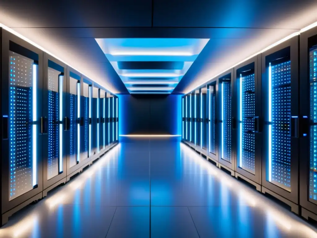 Centro de datos multicloud: Innovación en alta tecnología Un centro de datos moderno y futurista con servidores interconectados brillantes, representando los beneficios del hosting multicloud para startups