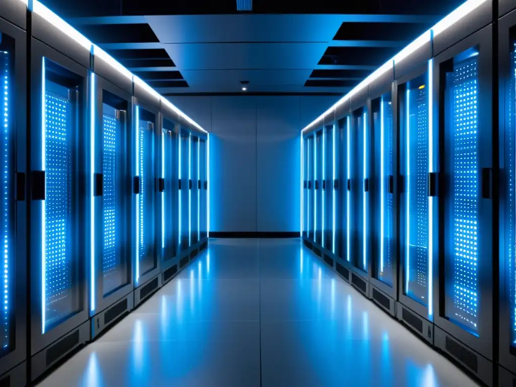 Centro de datos moderno y futurista con almacenamiento SSD de última generación Un centro de datos moderno y futurista con unidades de almacenamiento SSD, iluminado por luces LED azules