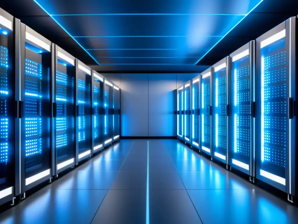 Centro de datos de alta tecnología en azul suave Centro de datos moderno y futurista con servidores ordenados, iluminado en azul, transmite profesionalismo y tecnología de vanguardia para mejorar el servicio de hosting y estudiar la competencia
