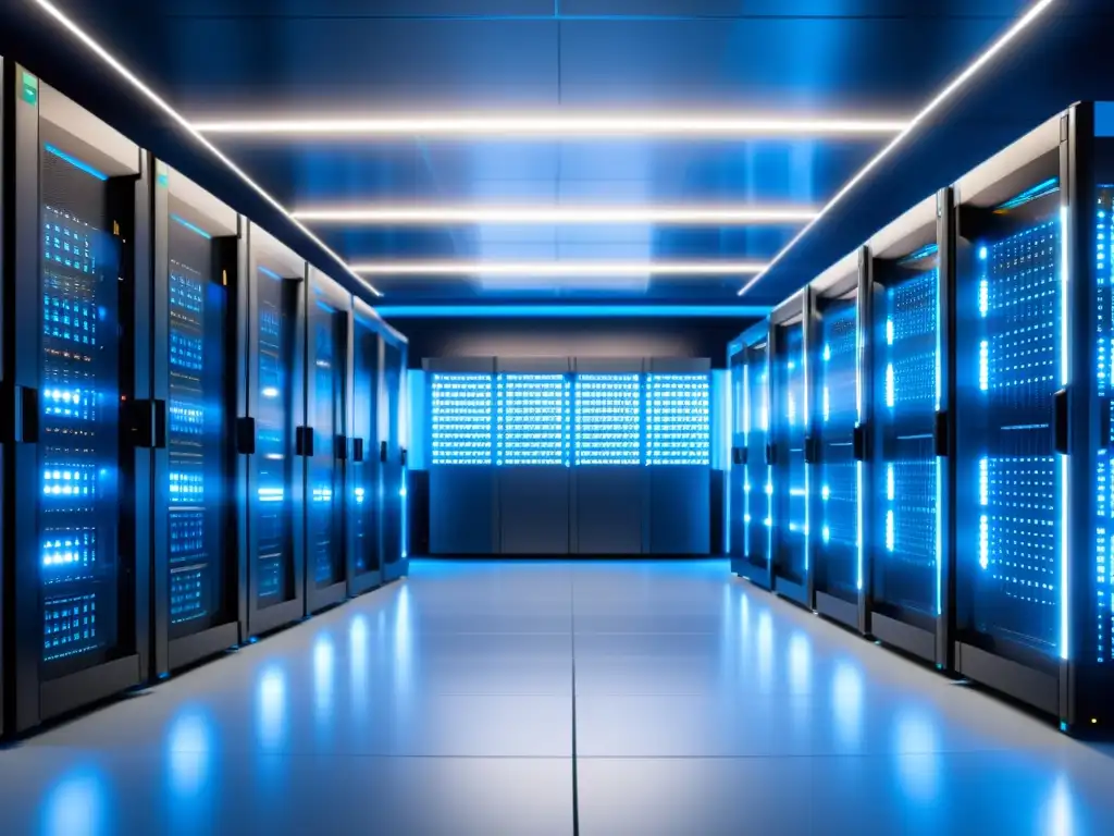 Centro de datos futurista: estabilidad tecnológica Un centro de datos moderno y futurista con servidores iluminados en azul