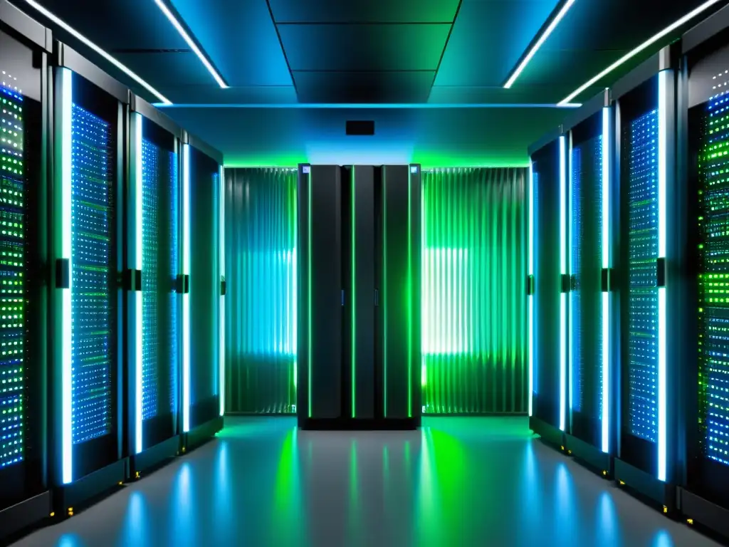 Centro de datos futurista: servidores brillantes en alta resolución Un centro de datos moderno y futurista con servidores brillantes en azul y verde