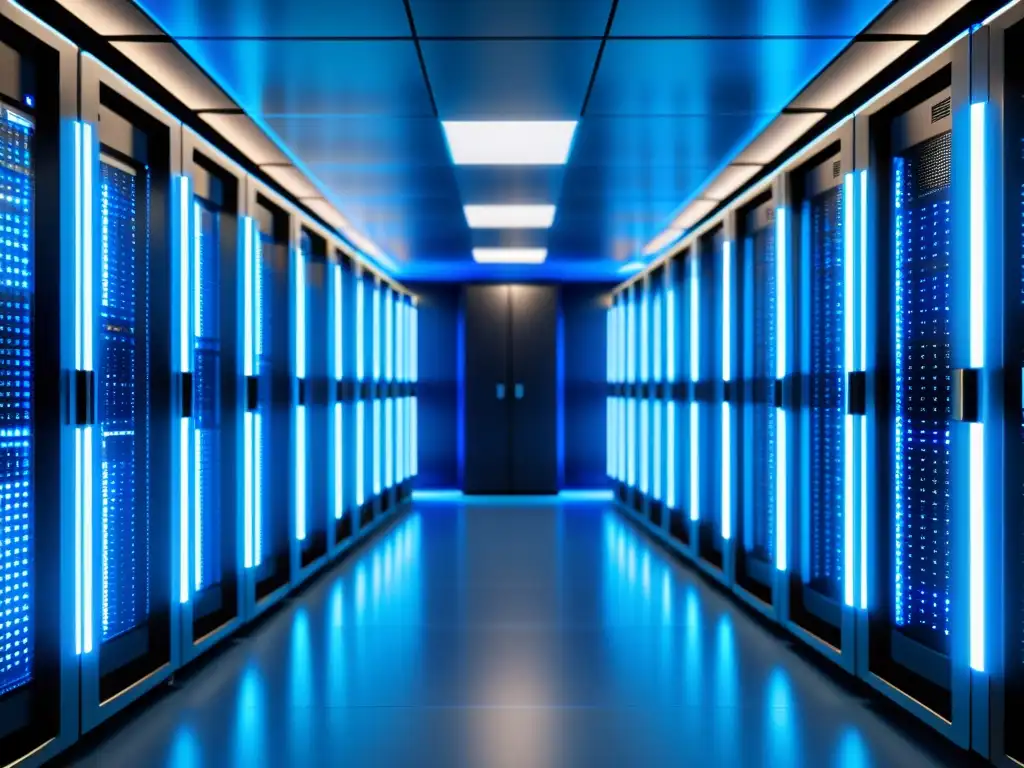 Centro de Datos Futurista: Servidores de Alta Tecnología Un centro de datos moderno y futurista lleno de servidores organizados, bañado en una suave luz azul