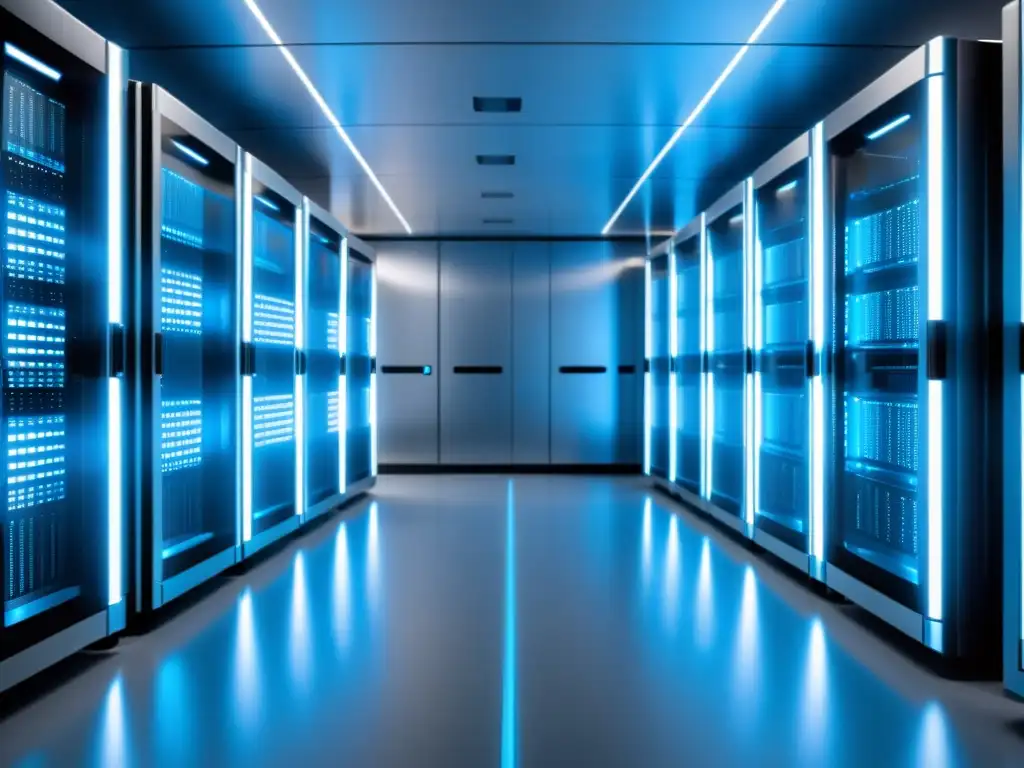 Centro de datos futurista con servidores brillantes y eficientes Un centro de datos moderno con hileras de elegantes racks plateados, cada uno con un suave brillo azul