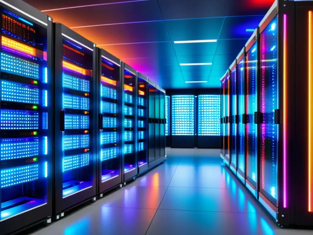 Centro de datos de alta tecnología: Servidores y luces LED para big data Un centro de datos moderno, con hileras de servidores y luces LED coloridas, transmite eficiencia y organización