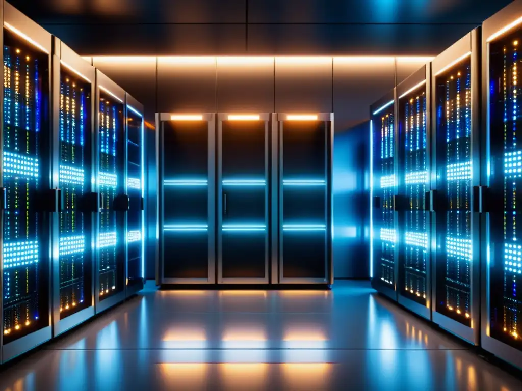 Un centro de datos moderno con hileras de servidores parpadeantes y luces indicadoras