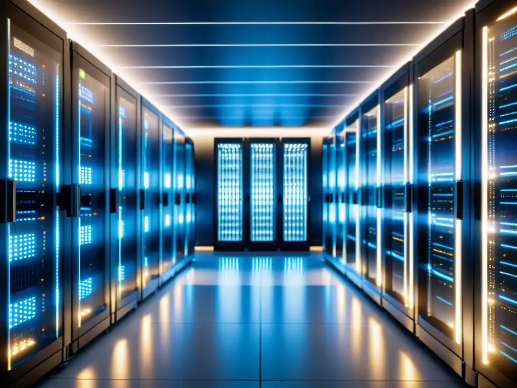 Centro de datos moderno: servidores iluminados en un ambiente futurista Un centro de datos moderno lleno de filas de elegantes racks de servidores iluminados
