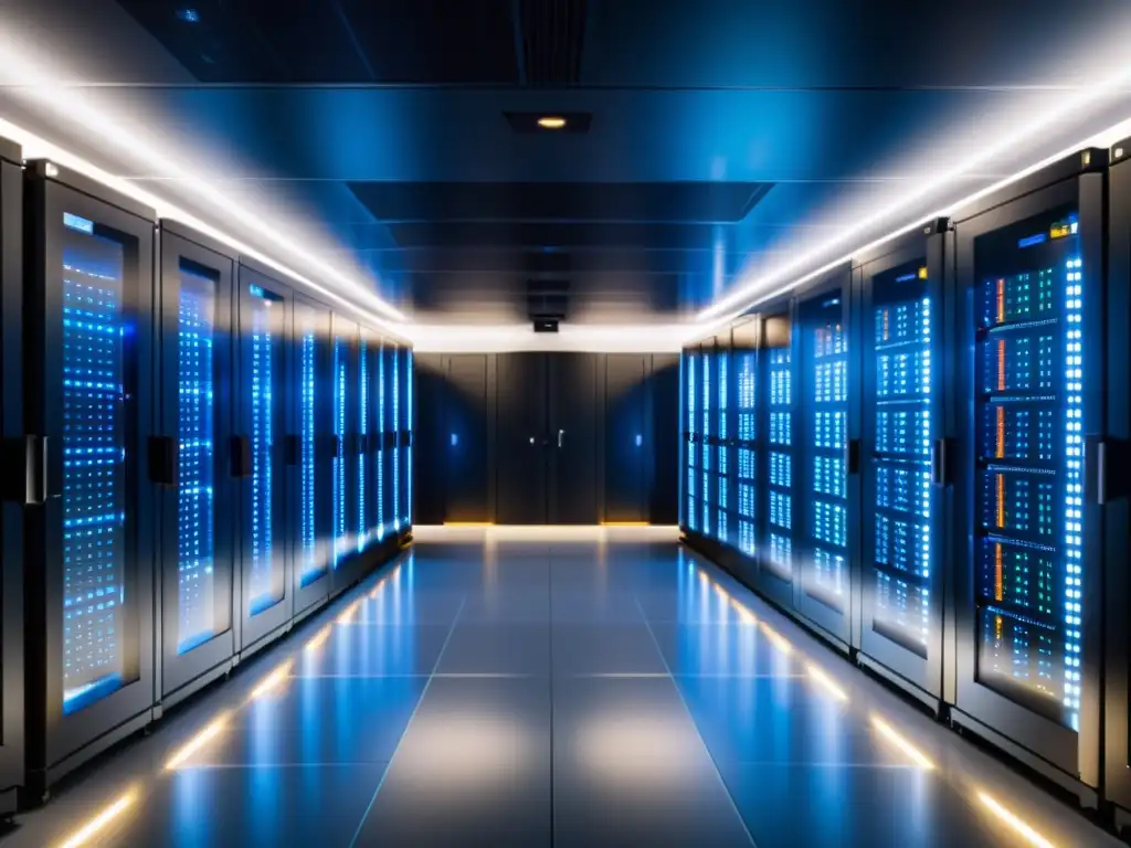 Centro de datos moderno: confiabilidad y seguridad Un centro de datos moderno y ordenado, con servidores relucientes bajo una suave iluminación ambiental