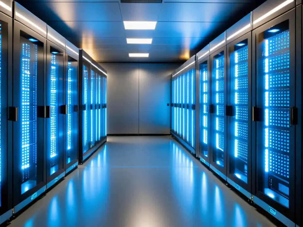 Centro de datos de alta tecnología: eficiencia y fiabilidad Un centro de datos moderno y ordenado con servidores iluminados en azul