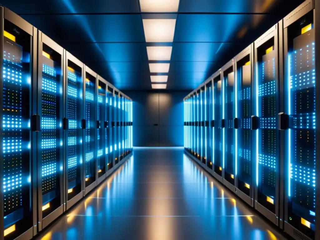 Centro de datos ultradetallado: infraestructura moderna y fiable Un centro de datos moderno y ordenado con servidores relucientes y luces LED parpadeantes, crea un ambiente profesional y futurista que destaca la importancia del impacto en la tasa de rebote y el SEO